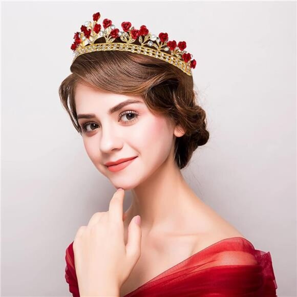 Red Rose Bridal Tiara Bride Headdress Alloy Rhinestone Wedding Crown for Prom, main image 4